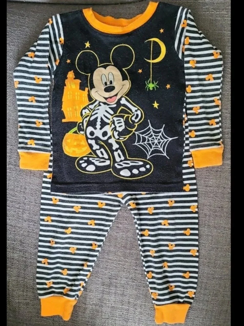 Disney 🎃🕸 Mickey Mouse Halloween Striped Pajamas Blk/Wht/Orange Unisex 18 M